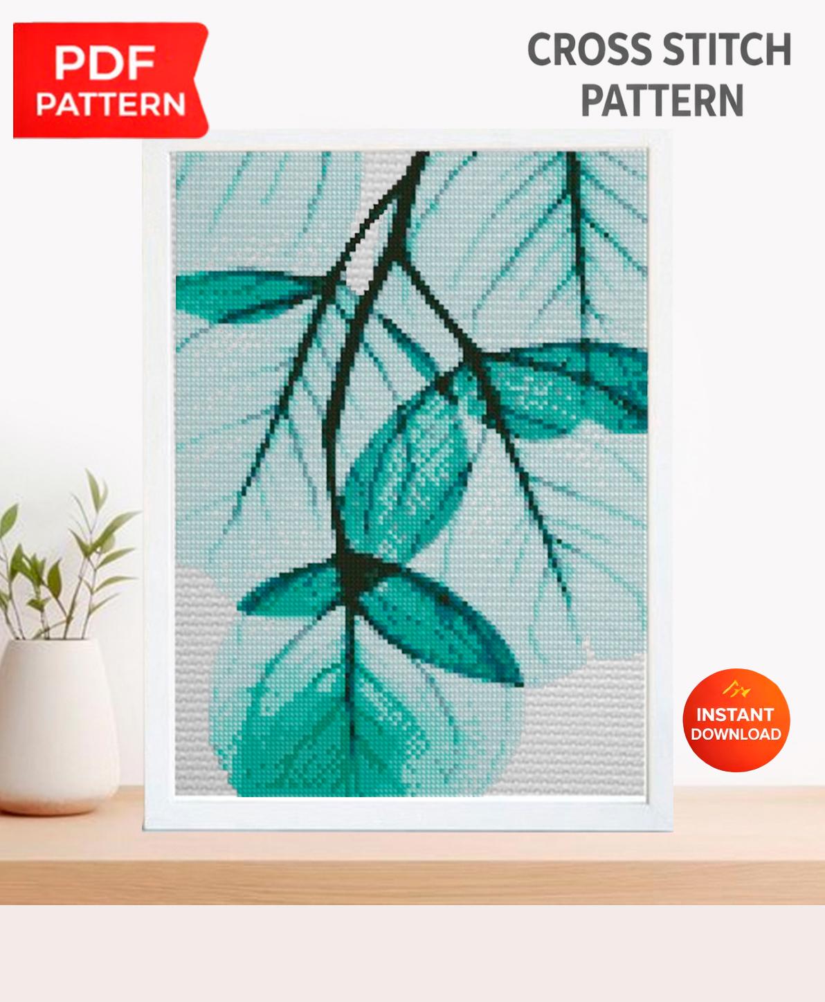 Botanical Leaf Cross Stitch Pattern PDF, Modern Green Leaves Embroidery Chart, Minimalist Nature Hoop Wall Art, Instant Download pdf - NuttyHappyHobby