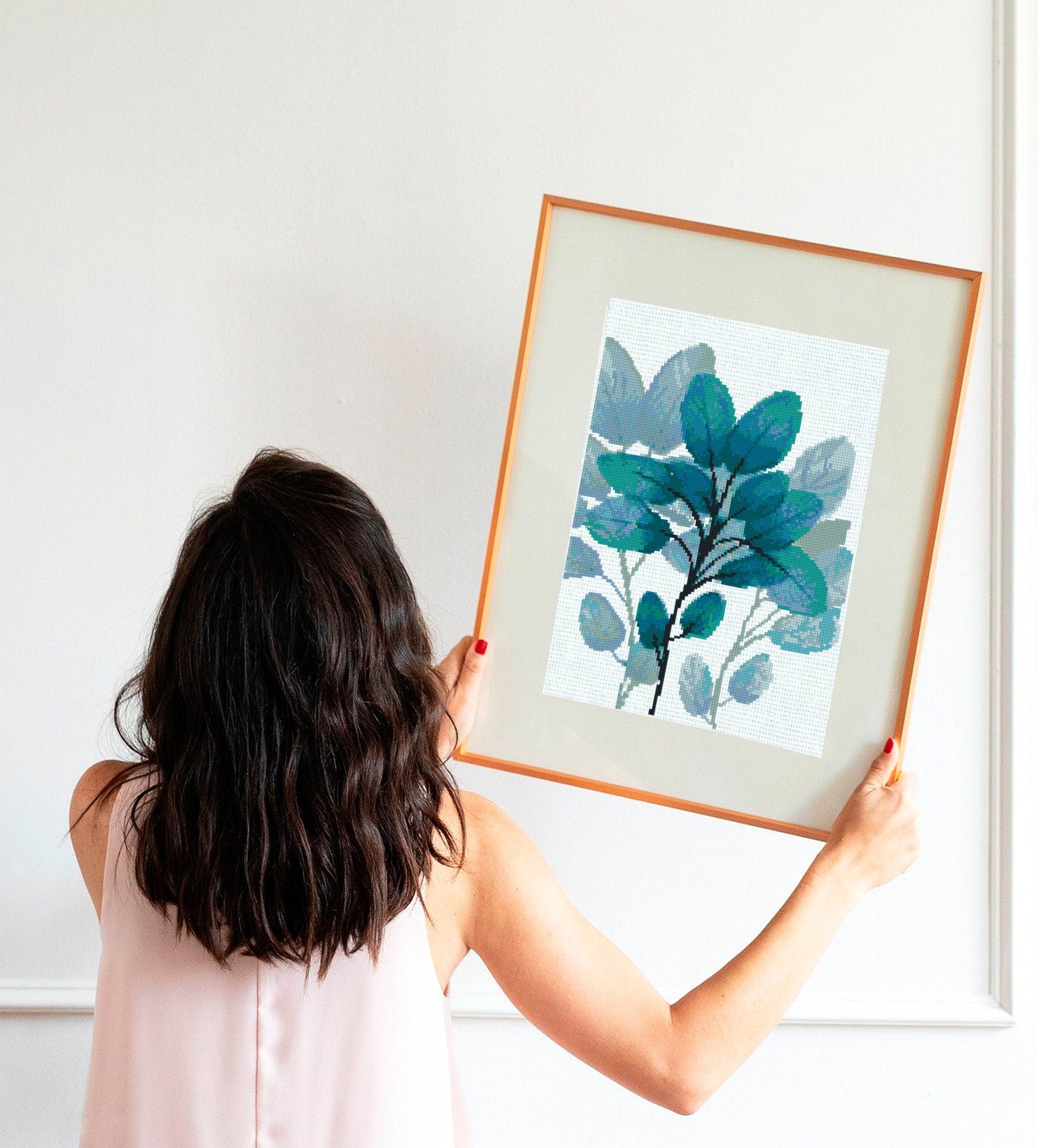 Botanical Leaf Cross Stitch Pattern PDF, Modern Plant Embroidery Design, Green Leaves Cross Stitch Chart, Minimalist Needlework, Download - NuttyHappyHobby