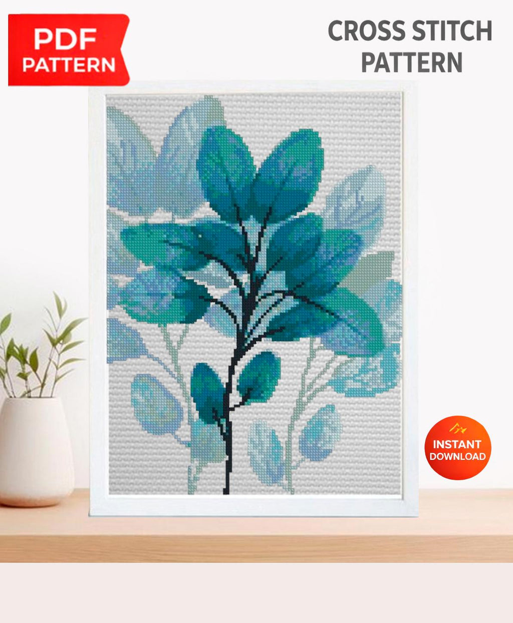 Botanical Leaf Cross Stitch Pattern PDF, Modern Plant Embroidery Design, Green Leaves Cross Stitch Chart, Minimalist Needlework, Download - NuttyHappyHobby
