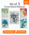 Botanical Leaf Cross Stitch Pattern Set PDF, 5 Modern Minimal Floral Designs, Watercolor Blackwork Style, Instant Download, Hoop Wall Art - NuttyHappyHobby