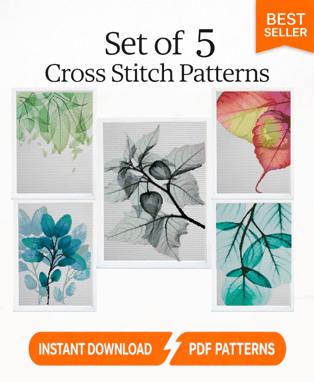Botanical Leaf Cross Stitch Pattern Set PDF, 5 Modern Minimal Floral Designs, Watercolor Blackwork Style, Instant Download, Hoop Wall Art - NuttyHappyHobby