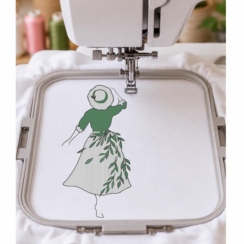 Botanical Woman Machine Embroidery Design, Girl in Sun Hat Leaf Dress, Minimalist Floral Line Art PES DST JEF, Instant Download - NuttyHappyHobby