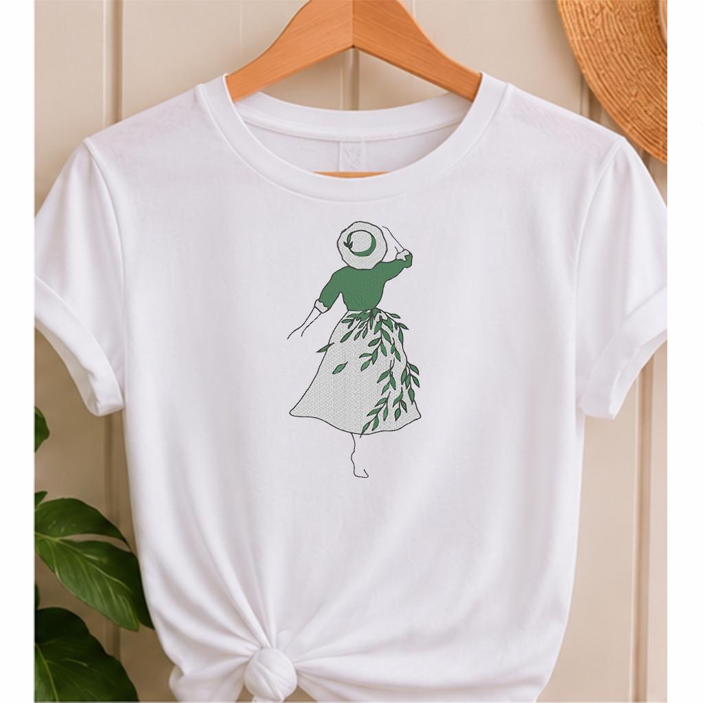Botanical Woman Machine Embroidery Design, Girl in Sun Hat Leaf Dress, Minimalist Floral Line Art PES DST JEF, Instant Download - NuttyHappyHobby