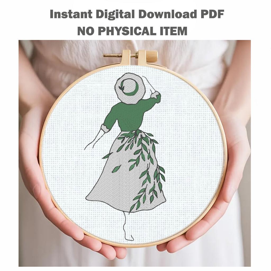 Botanical Woman Machine Embroidery Design, Girl in Sun Hat Leaf Dress, Minimalist Floral Line Art PES DST JEF, Instant Download - NuttyHappyHobby