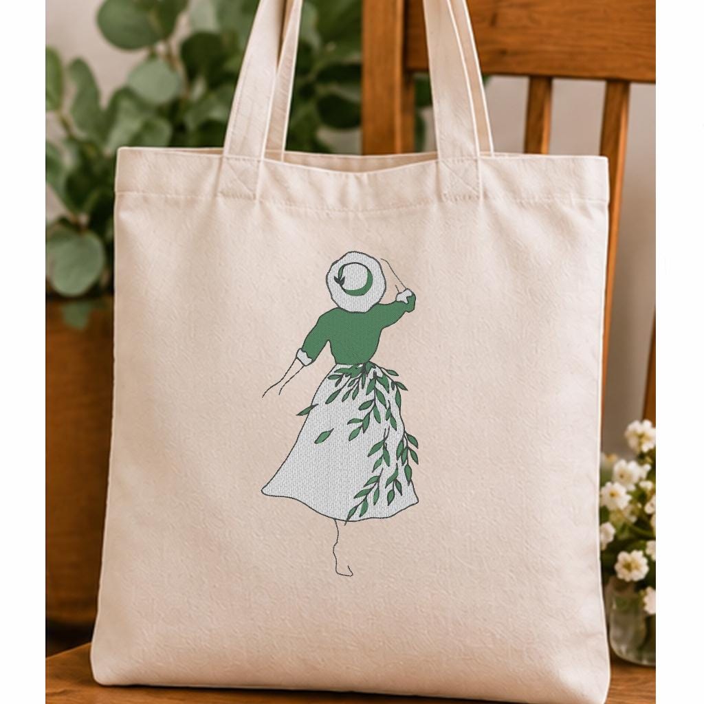 Botanical Woman Machine Embroidery Design, Girl in Sun Hat Leaf Dress, Minimalist Floral Line Art PES DST JEF, Instant Download - NuttyHappyHobby
