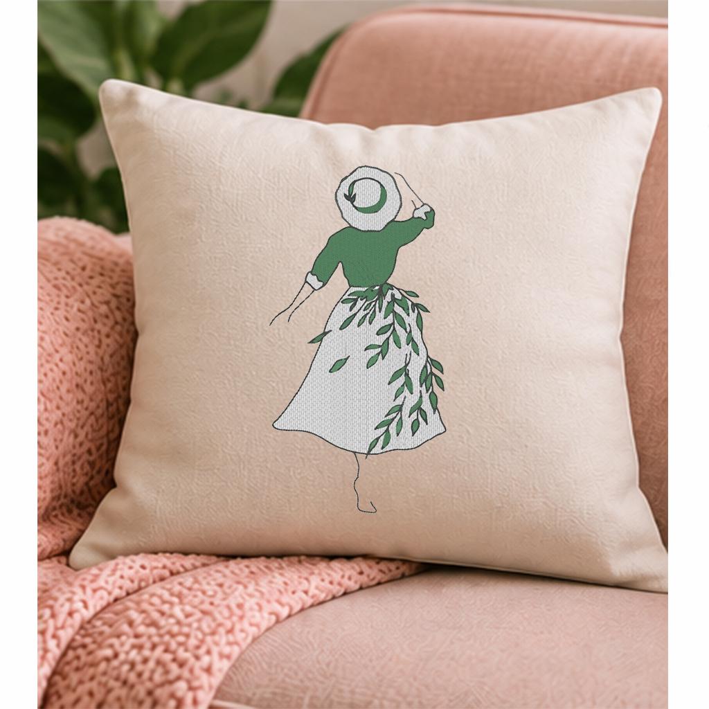 Botanical Woman Machine Embroidery Design, Girl in Sun Hat Leaf Dress, Minimalist Floral Line Art PES DST JEF, Instant Download - NuttyHappyHobby