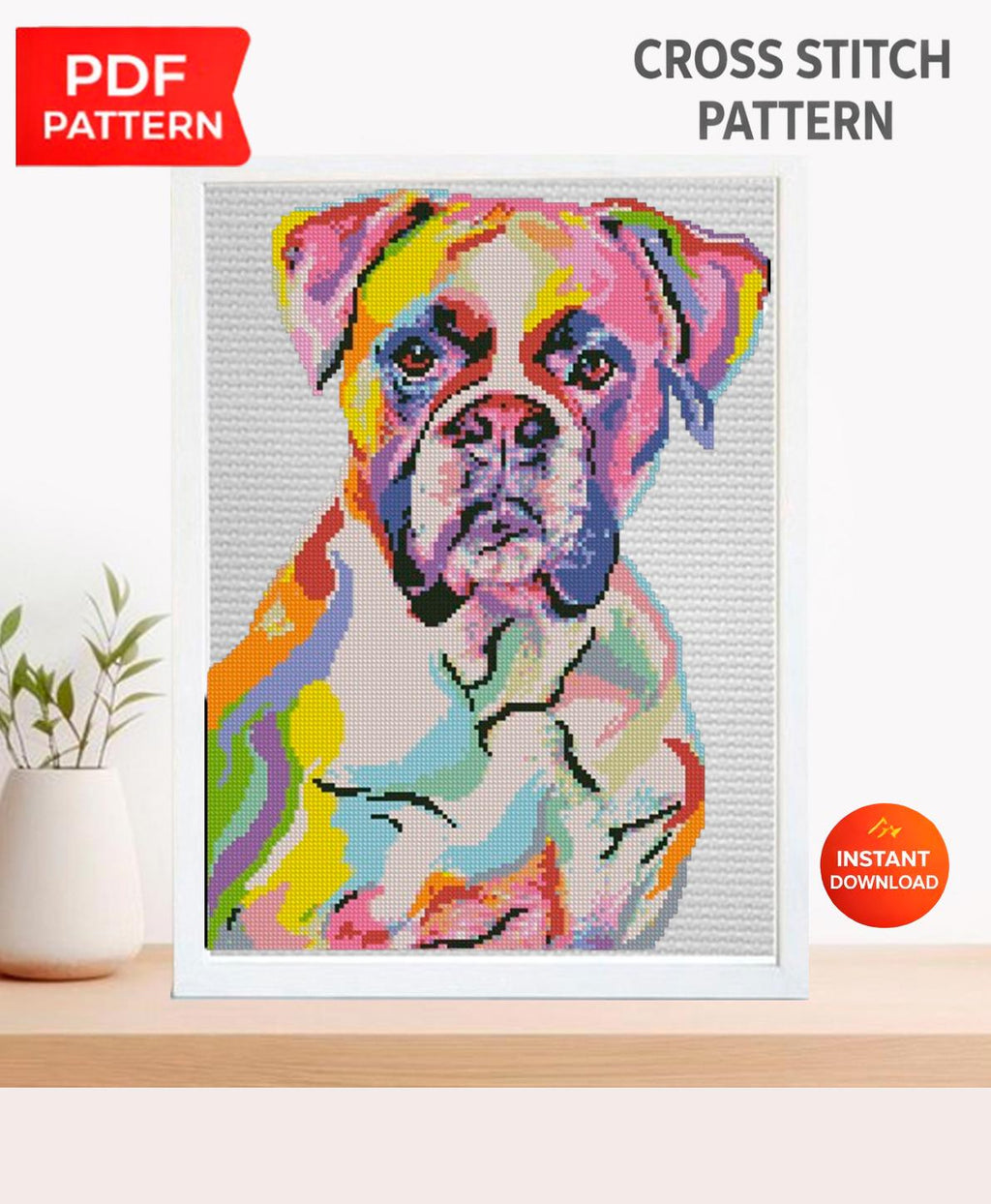 Boxer Dog Cross Stitch Pattern PDF, Colorful Boxer Dog Embroidery Design, Modern Dog Portrait Needlework Chart, Dog Lover Gift, download - NuttyHappyHobby