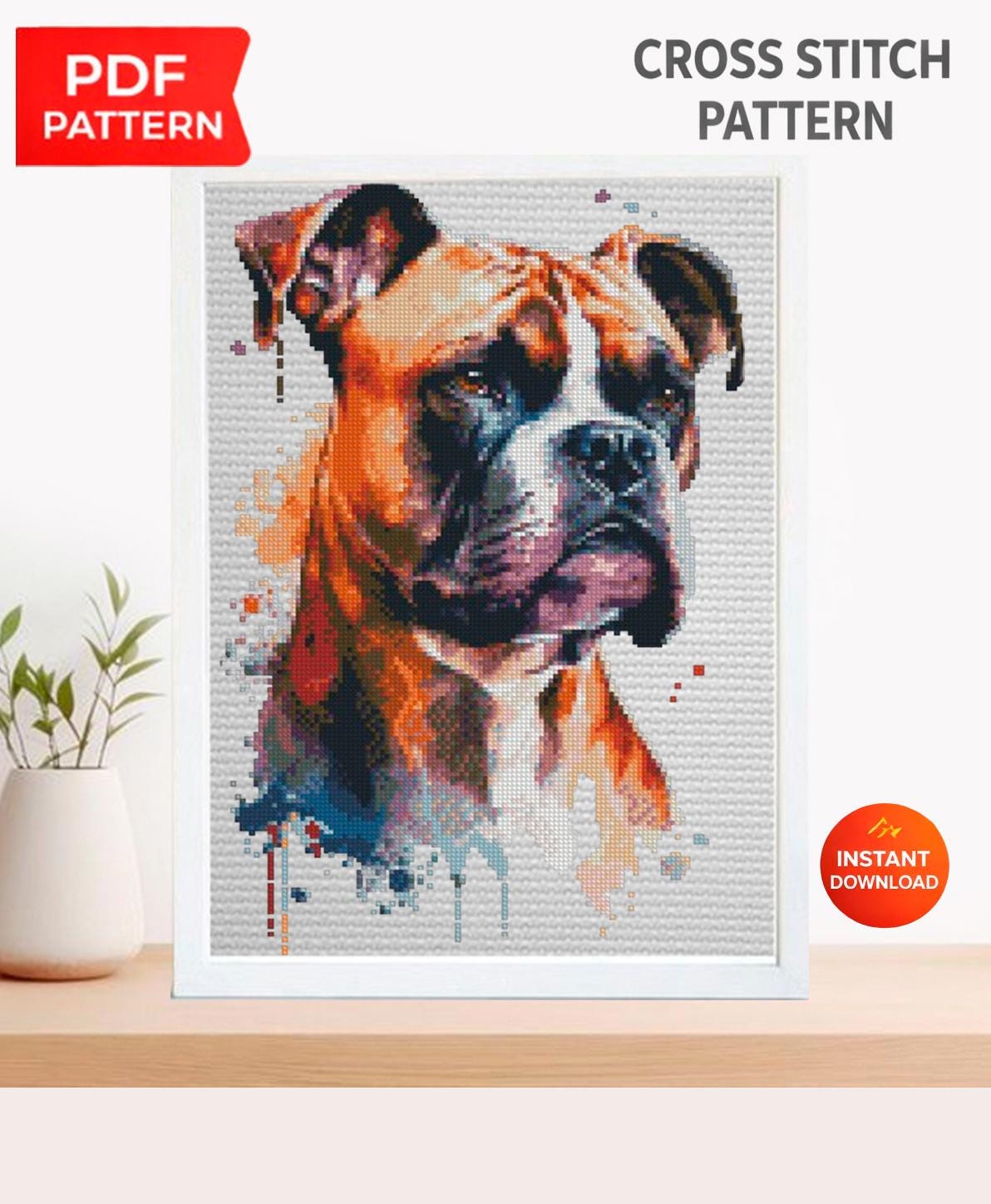 Boxer Dog Cross Stitch Pattern PDF, Realistic Boxer Portrait Embroidery Design, Modern Dog Needlework Chart, Dog Lover Gift, download pdf - NuttyHappyHobby