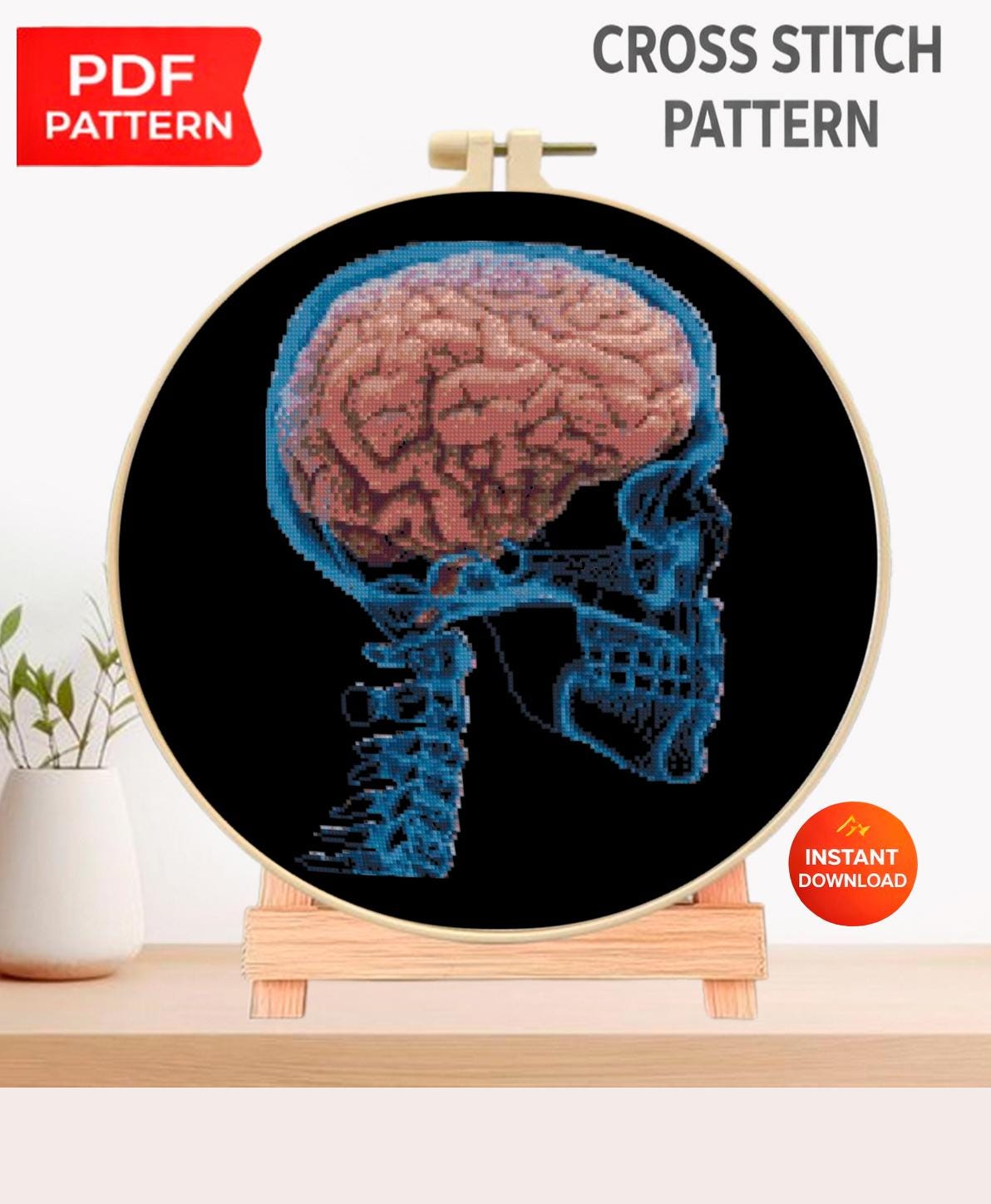 Brain X Ray Cross Stitch Pattern PDF, Human Skull Anatomy Embroidery Design, Neuroscience Medical Wall Art Download, Pattern Keeper - NuttyHappyHobby