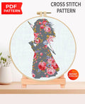 Brave heart Floral Cross Stitch Pattern PDF, Aurora Princess Silhouette Embroidery Design, Flower Princess Needlework, Fairy Tale - NuttyHappyHobby