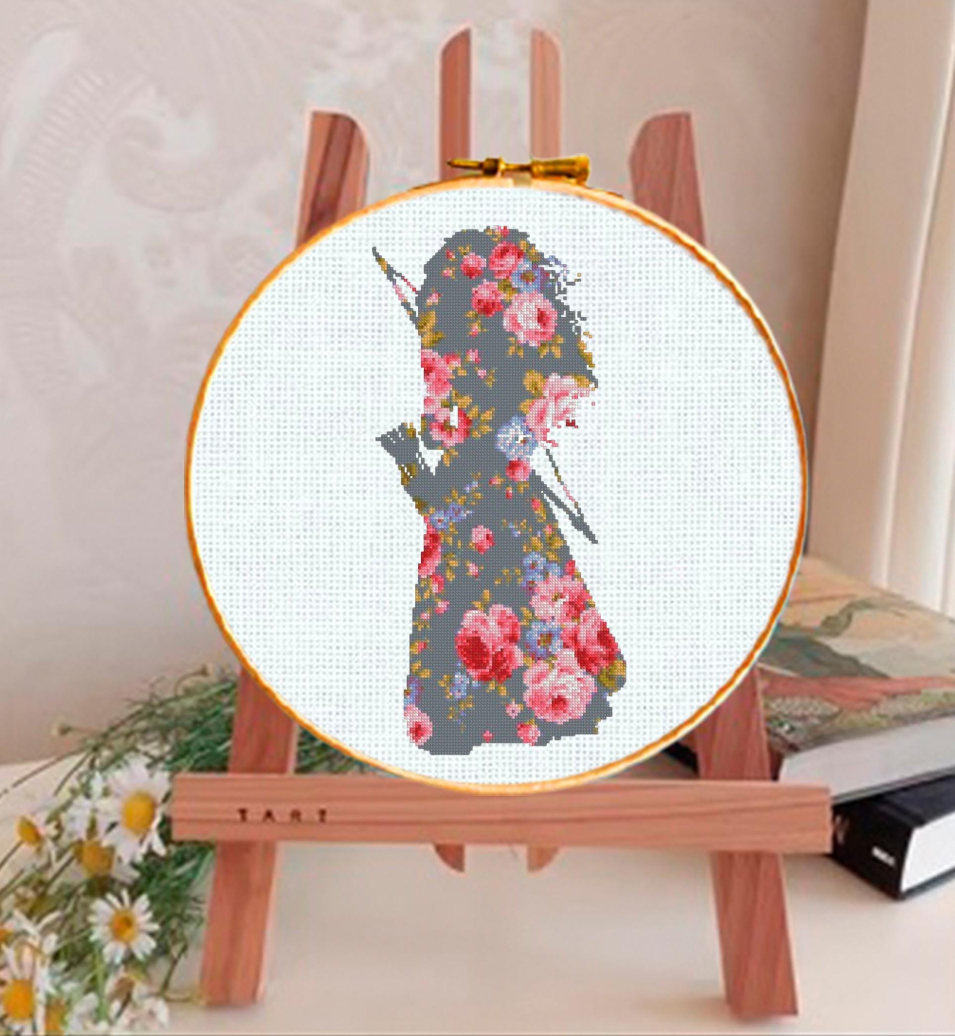 Brave heart Floral Cross Stitch Pattern PDF, Aurora Princess Silhouette Embroidery Design, Flower Princess Needlework, Fairy Tale - NuttyHappyHobby