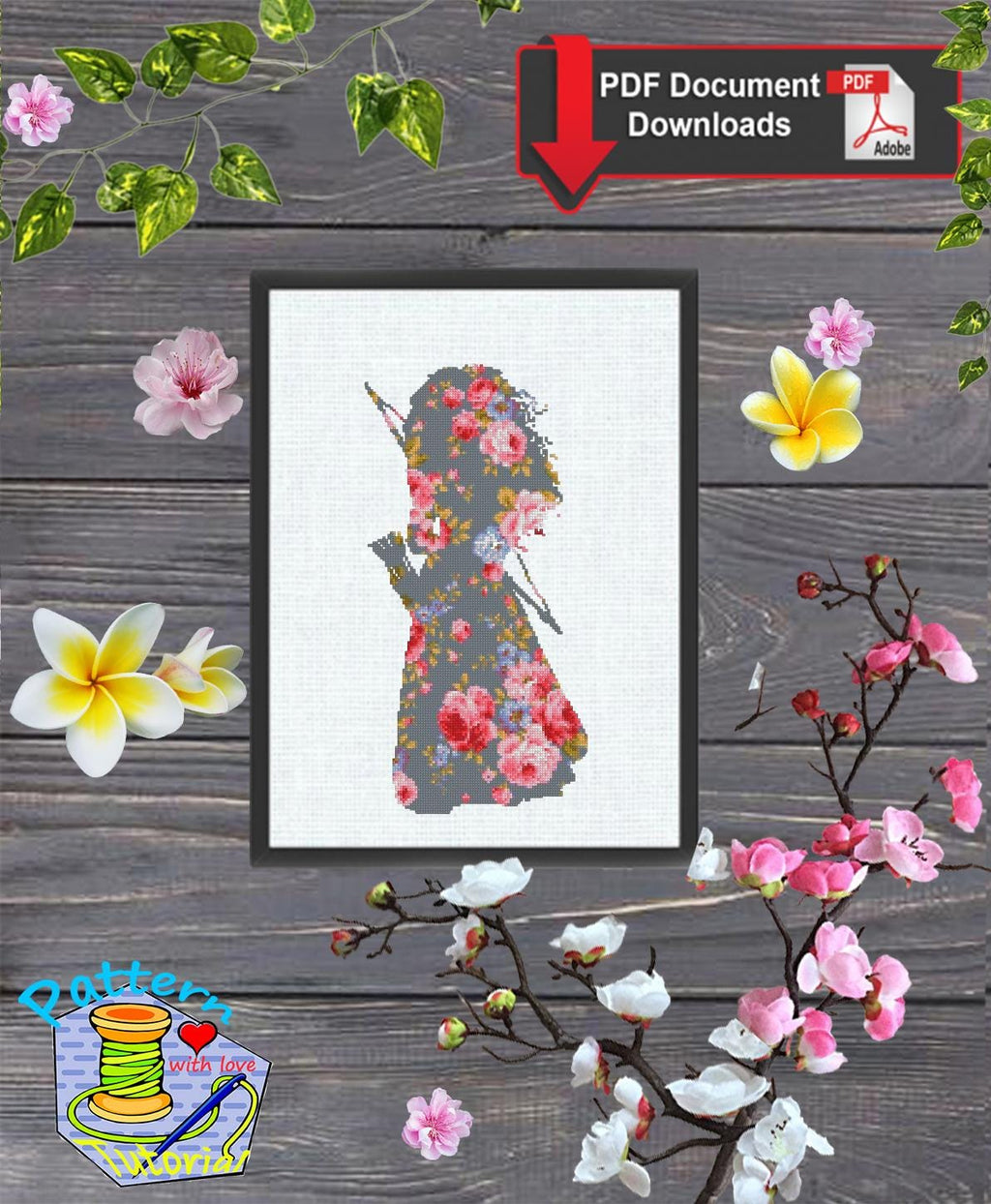 Brave heart Floral Cross Stitch Pattern PDF, Aurora Princess Silhouette Embroidery Design, Flower Princess Needlework, Fairy Tale - NuttyHappyHobby