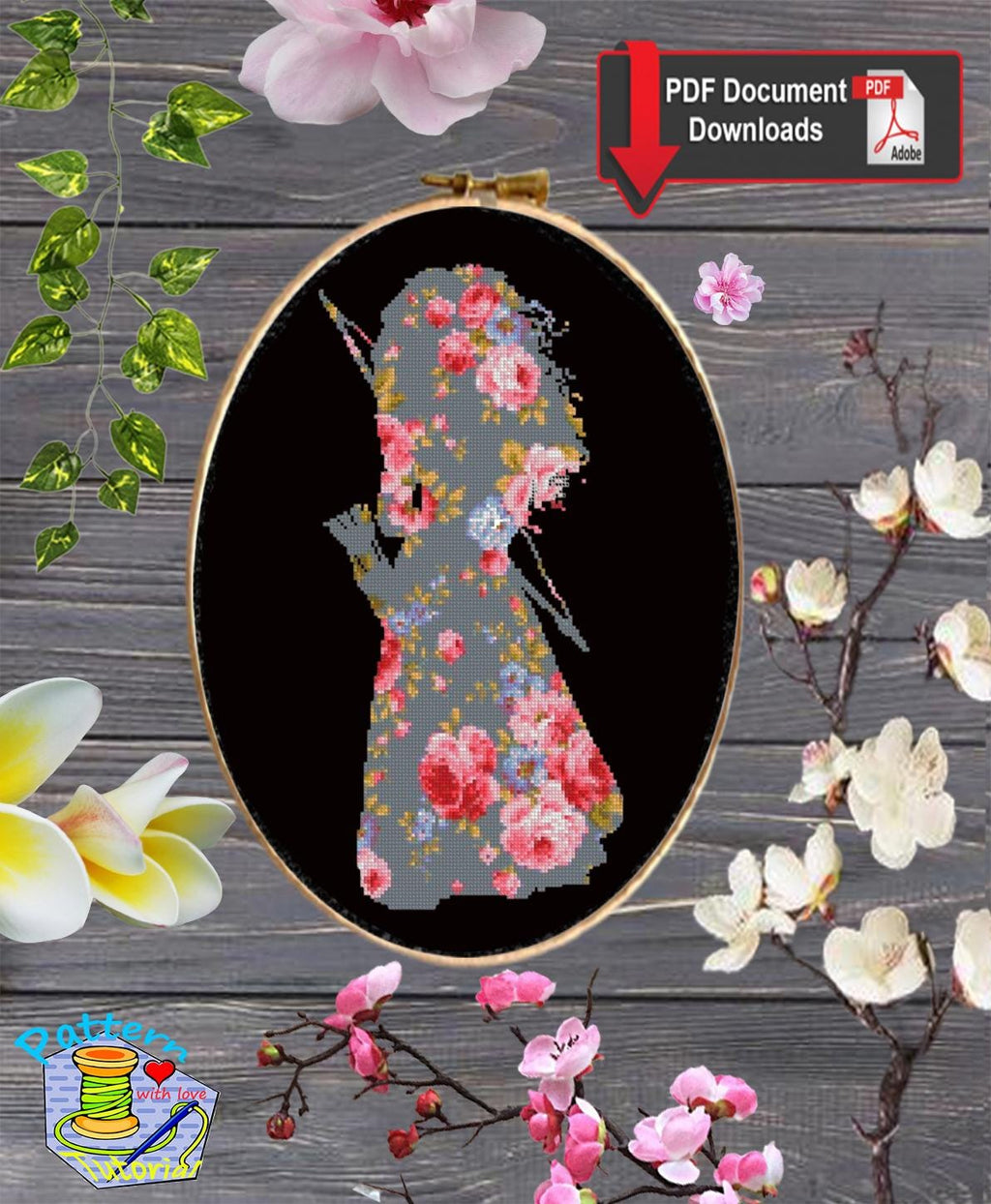 Brave heart Floral Cross Stitch Pattern PDF, Aurora Princess Silhouette Embroidery Design, Flower Princess Needlework, Fairy Tale - NuttyHappyHobby