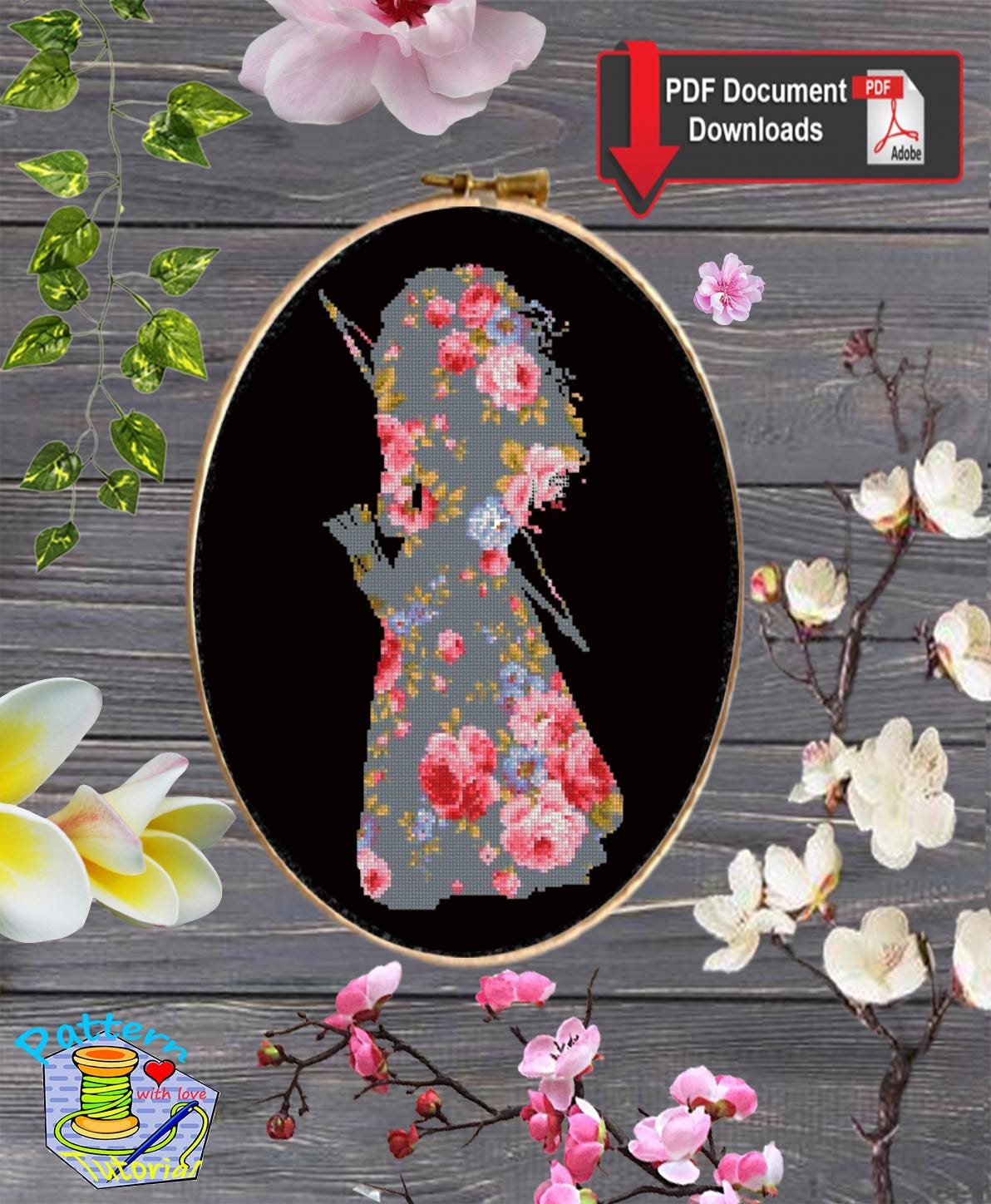 Brave heart Floral Cross Stitch Pattern PDF, Aurora Princess Silhouette Embroidery Design, Flower Princess Needlework, Fairy Tale - NuttyHappyHobby