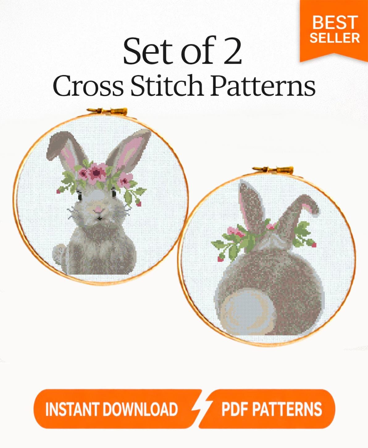 Bunny Cross Stitch Pattern Set PDF, Floral Woodland Rabbit Embroidery Design, Nursery Animal Wall Art, Instant Download Chart - NuttyHappyHobby