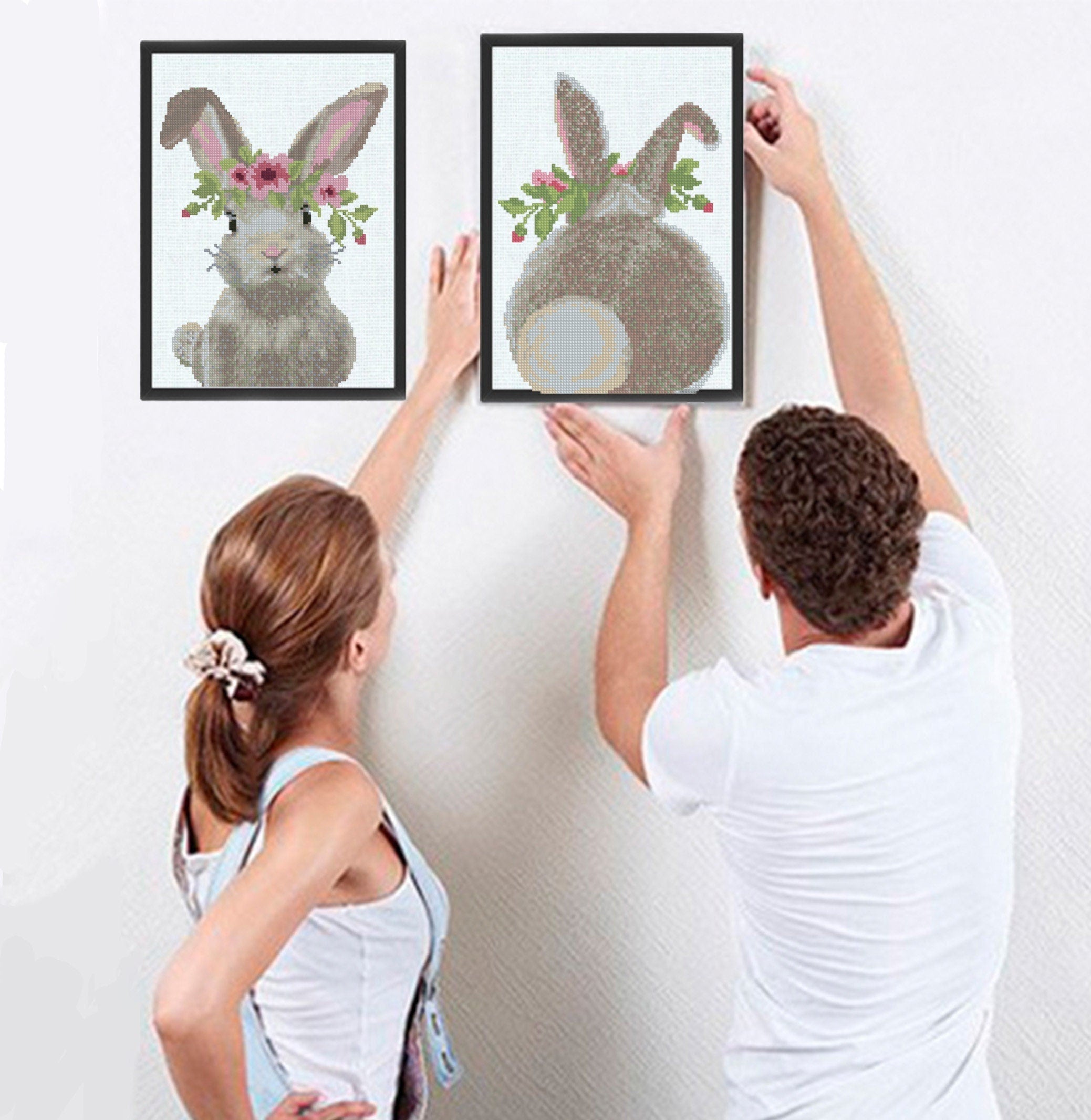 Bunny Cross Stitch Pattern Set PDF, Floral Woodland Rabbit Embroidery Design, Nursery Animal Wall Art, Instant Download Chart - NuttyHappyHobby