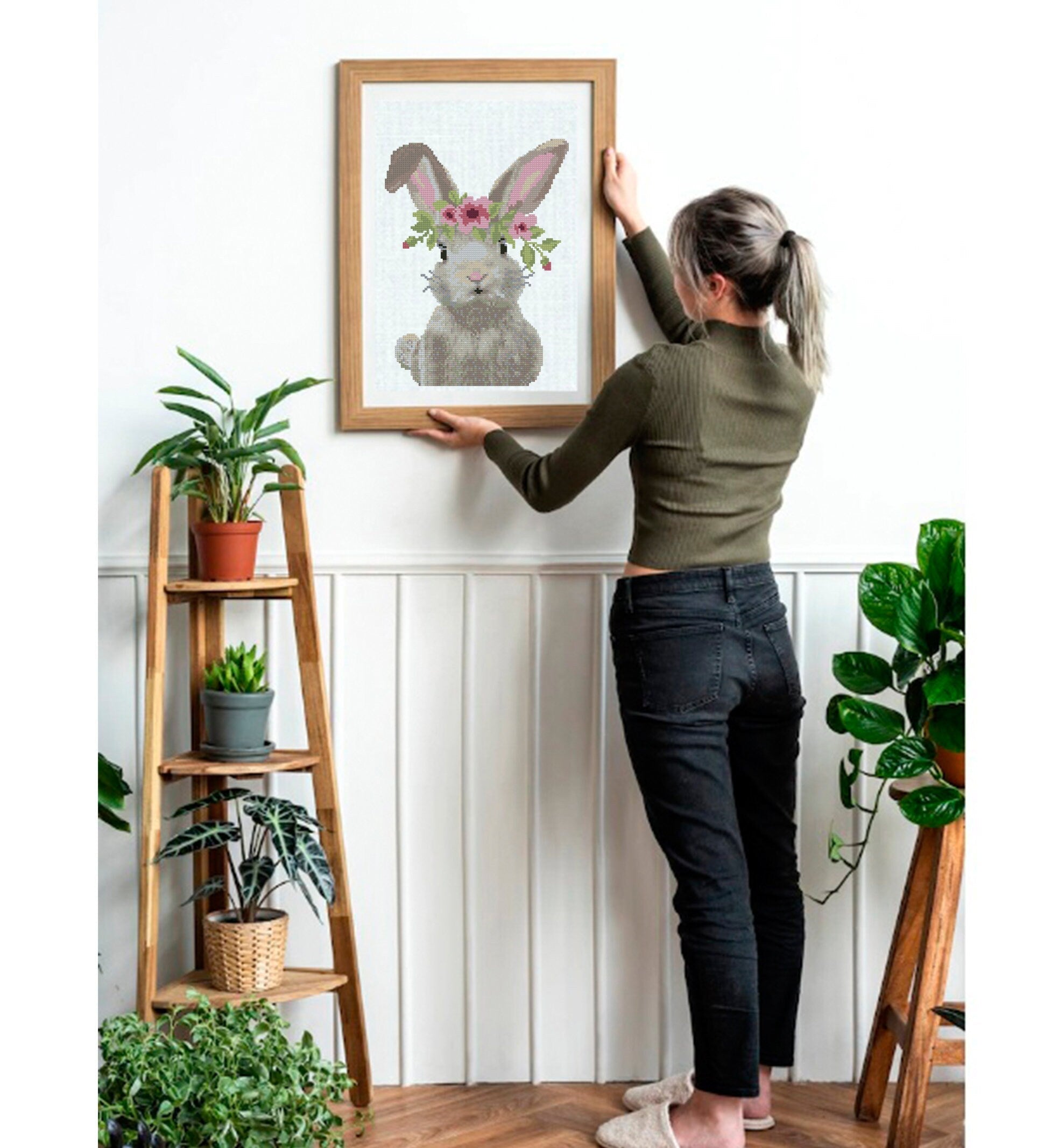 Bunny Cross Stitch Pattern Set PDF, Floral Woodland Rabbit Embroidery Design, Nursery Animal Wall Art, Instant Download Chart - NuttyHappyHobby