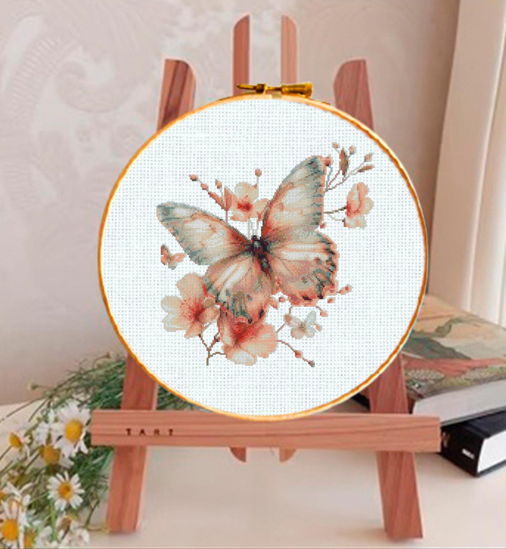Butterfly Cross Stitch Pattern PDF, Floral Butterfly Embroidery Design, Botanical Cross Stitch Chart, Spring Nature Needlepoint, Keeper - NuttyHappyHobby