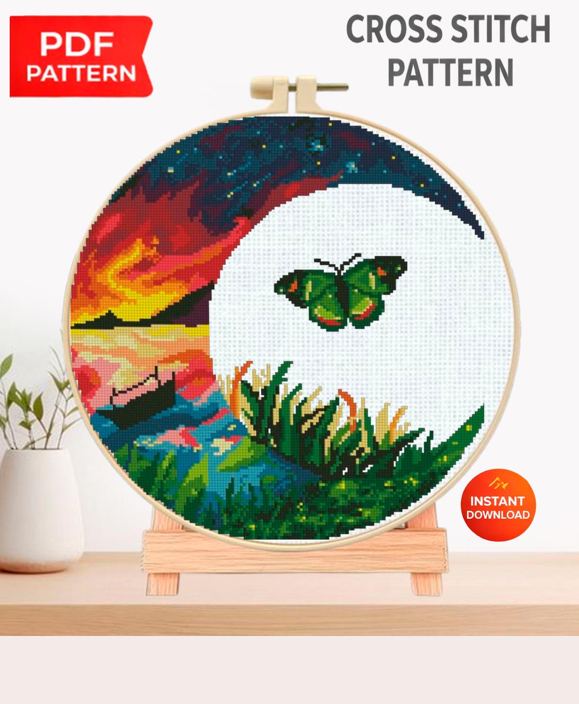 Butterfly Cross Stitch Pattern PDF, Sunset Landscape Embroidery Design, Nature Butterfly Modern Cross Stitch Digital Download PDF - NuttyHappyHobby