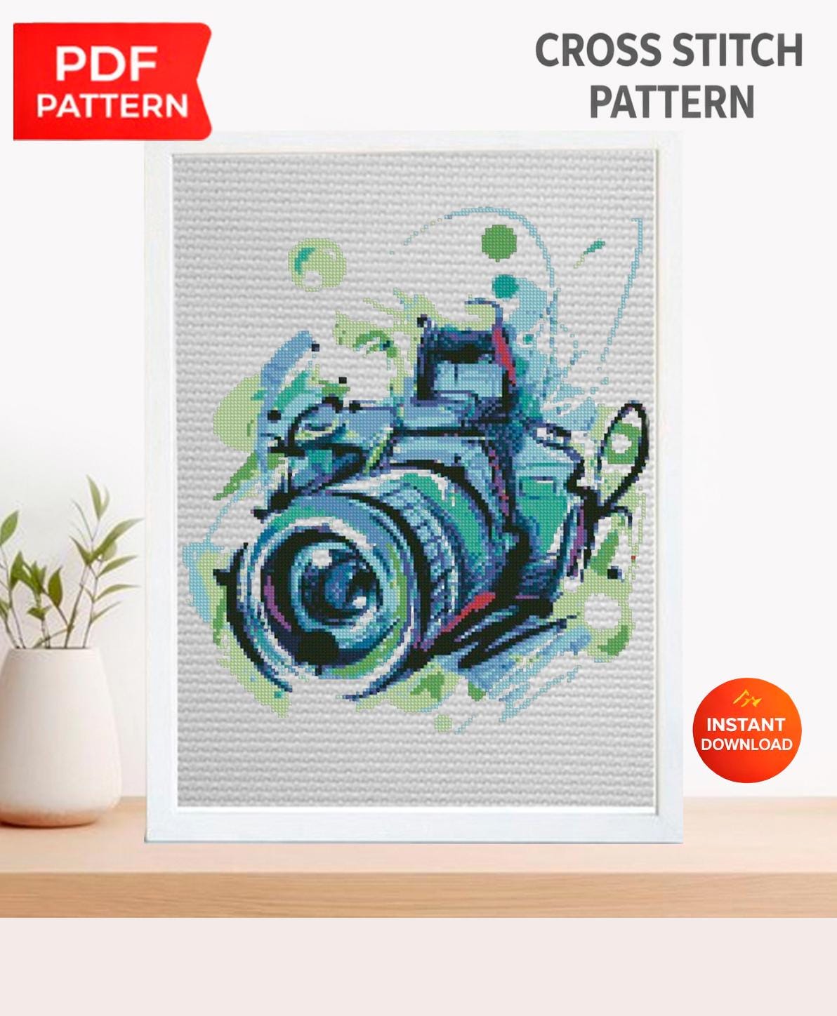 Camera Cross Stitch Pattern PDF, Photography Embroidery Design, Photographer Gift Cross Stitch, Vintage Camera Decor, Instant Download pdf - NuttyHappyHobby
