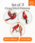 Cardinal Birds Cross Stitch Pattern Set PDF, Red Cardinal Couple & Flying Cardinal, Round Hoop Embroidery Charts, Nature Wall Art, download - NuttyHappyHobby
