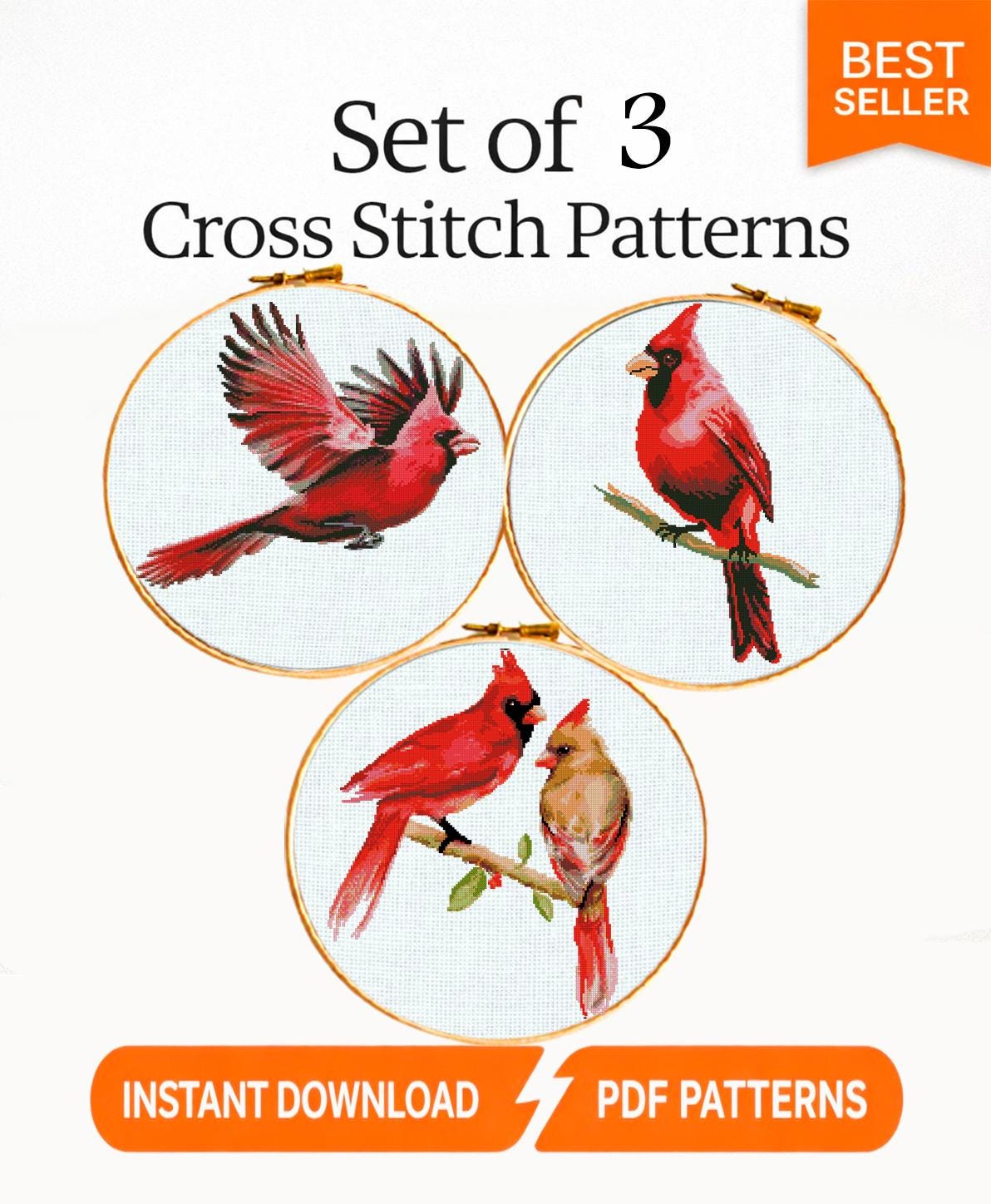 Cardinal Birds Cross Stitch Pattern Set PDF, Red Cardinal Couple & Flying Cardinal, Round Hoop Embroidery Charts, Nature Wall Art, download - NuttyHappyHobby