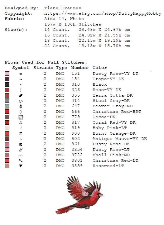 Cardinal Birds Cross Stitch Pattern Set PDF, Red Cardinal Couple & Flying Cardinal, Round Hoop Embroidery Charts, Nature Wall Art, download - NuttyHappyHobby
