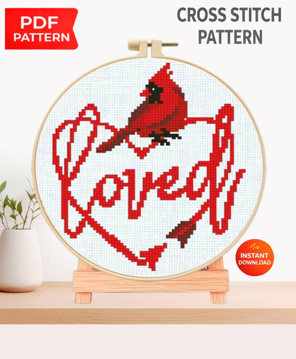 Cardinal Love Cross Stitch Pattern PDF, Red Cardinal Heart Embroidery Design, Romantic Bird Needlepoint Chart, Valentine Gift, Love Birds - NuttyHappyHobby