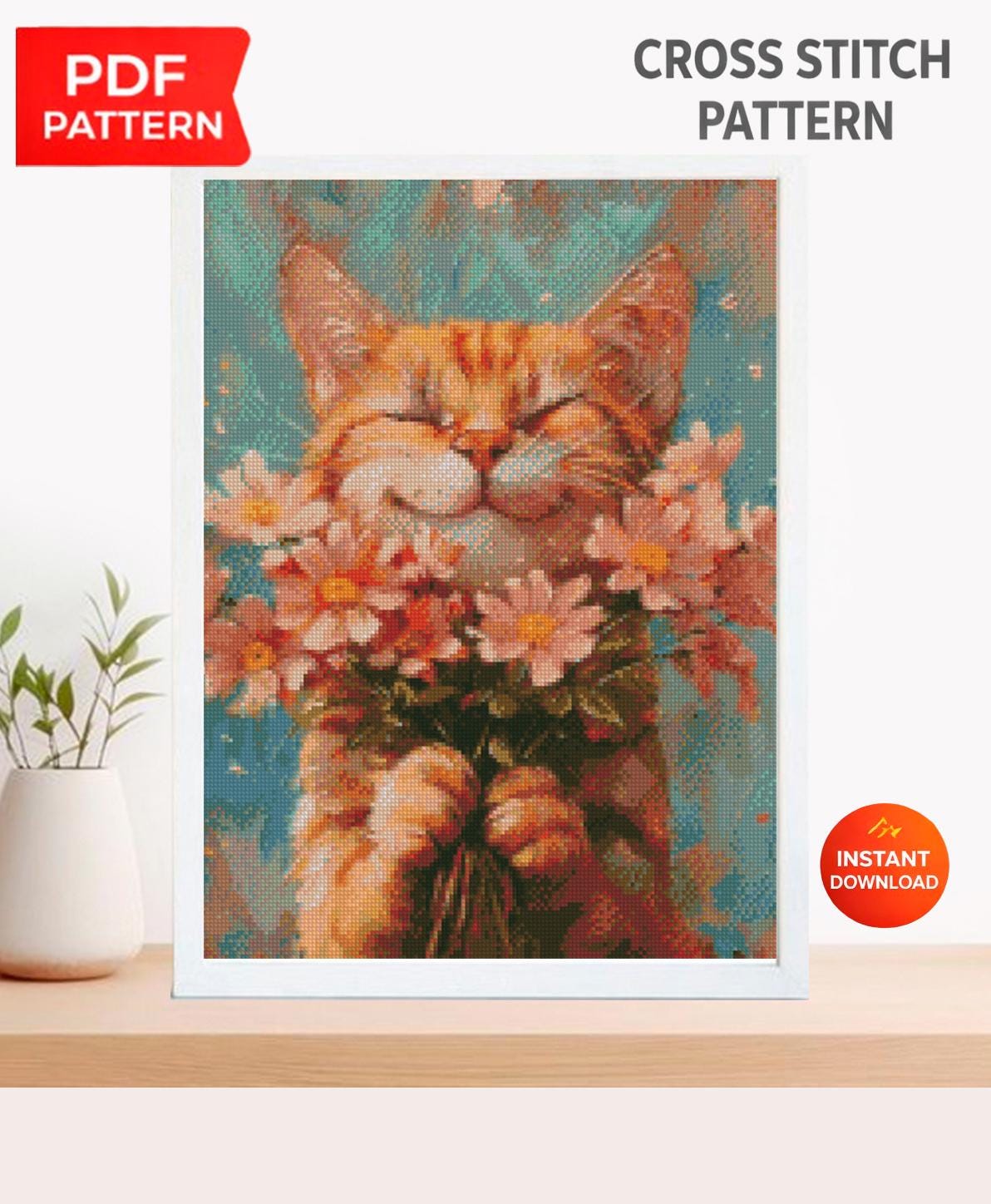 Cat Cross Stitch Pattern PDF, Cute Cat with Flowers Embroidery Design, Floral Cat Cross Stitch Chart, Animal Embroidery Pattern, Pet Stitch - NuttyHappyHobby