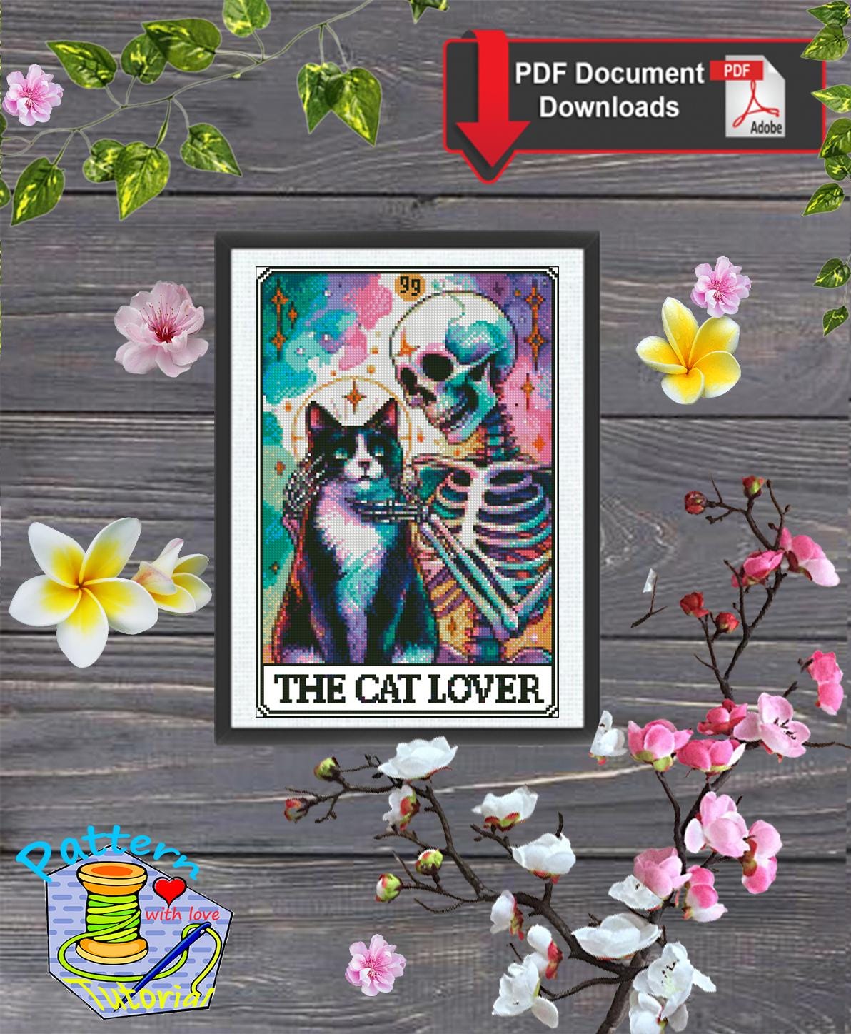 Cat Lover Cross Stitch Pattern PDF, Gothic Cat and Skeleton Embroidery Design, Halloween Cat Cross Stitch, Spooky Cat Decor Instant Download - NuttyHappyHobby