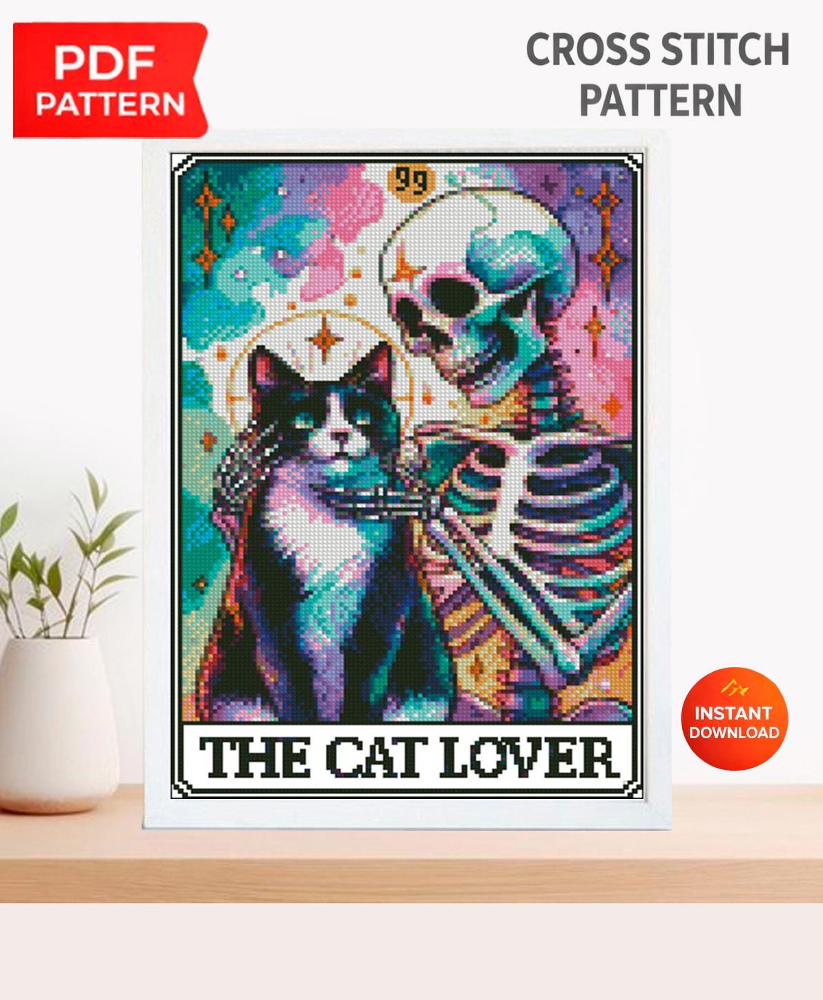 Cat Lover Cross Stitch Pattern PDF, Gothic Cat and Skeleton Embroidery Design, Halloween Cat Cross Stitch, Spooky Cat Decor Instant Download - NuttyHappyHobby