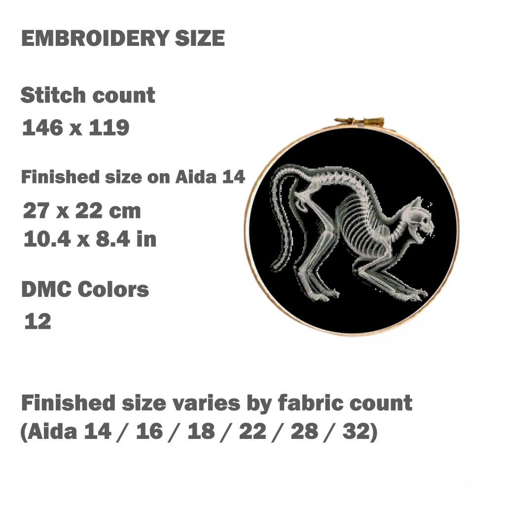 Cat Skeleton Cross Stitch Pattern PDF, X Ray Anatomy Embroidery Design, Gothic Veterinary Art, Halloween Wall Decor Download - NuttyHappyHobby
