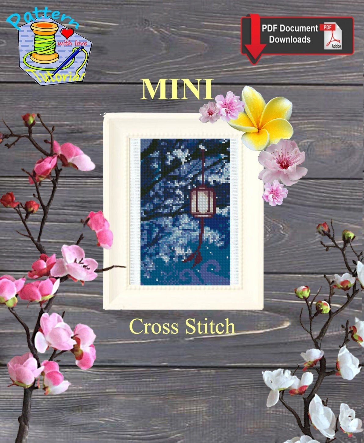 Chinese Sakura Cross Stitch Pattern PDF, Asian Lantern Night Embroidery Design, Japanese Cherry Blossom Cross Stitch Digital Download - NuttyHappyHobby