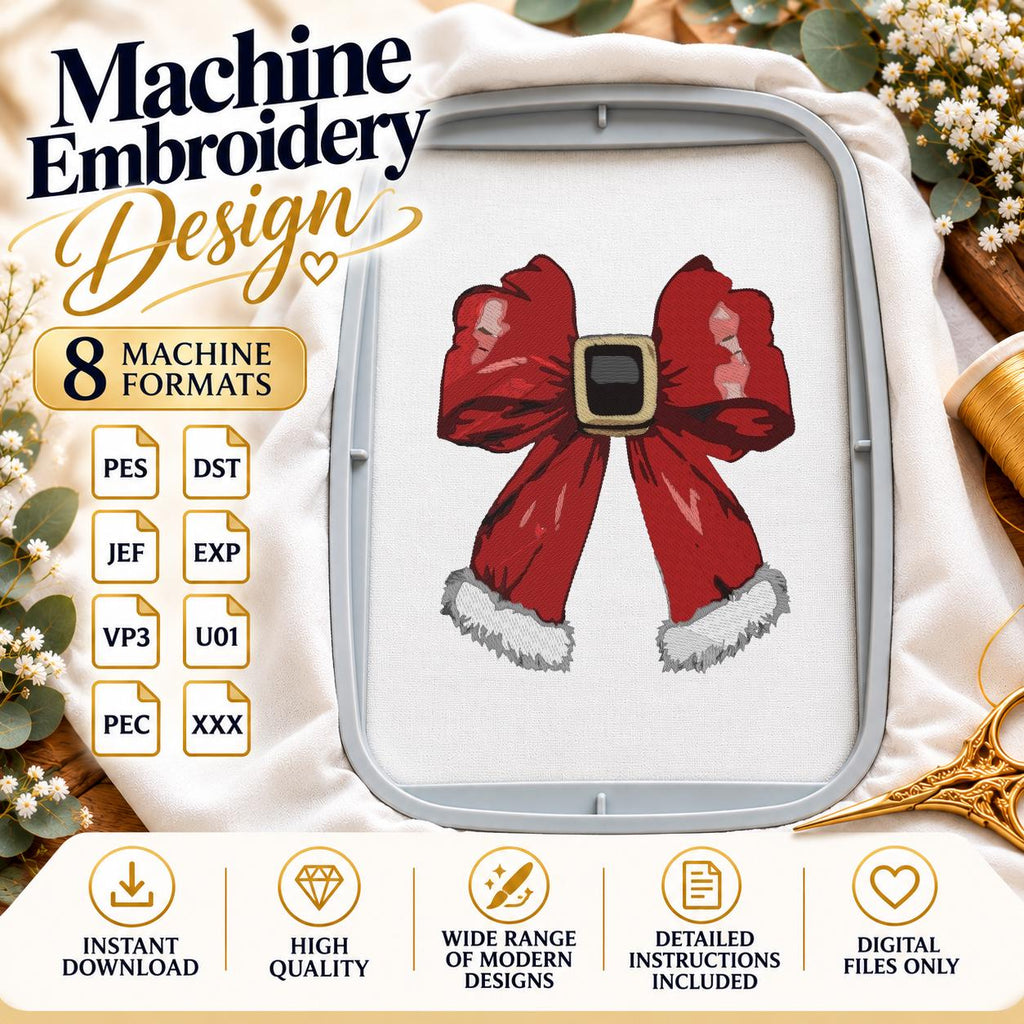 Christmas Bow Machine Embroidery Design, Red Santa Bow with Buckle, Festive Holiday Ribbon, Christmas Decoration Embroidery Digital Download - NuttyHappyHobby