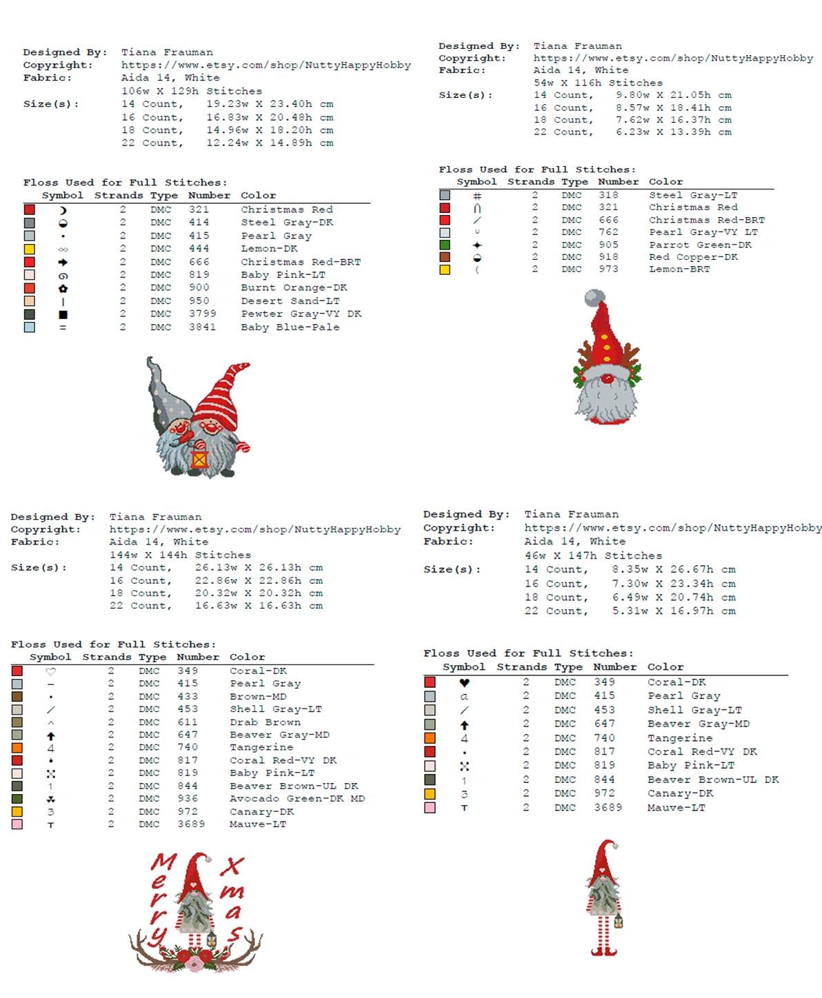 Christmas Cross Stitch Pattern Set PDF, Holiday Mini Cross Stitch Designs Bundle, Santa Tree Gnome Snowman Ornament Needlework Chart - NuttyHappyHobby