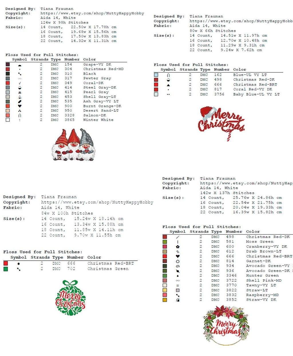 Christmas Cross Stitch Pattern Set PDF, Holiday Mini Cross Stitch Designs Bundle, Santa Tree Gnome Snowman Ornament Needlework Chart - NuttyHappyHobby
