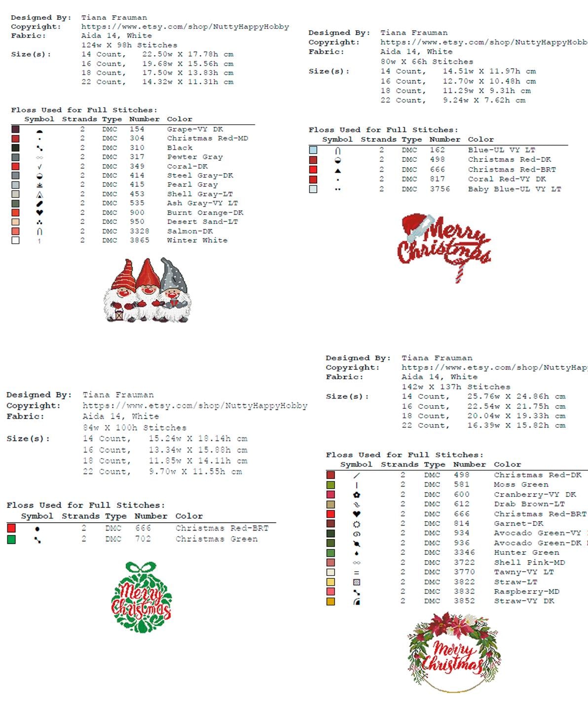 Christmas Cross Stitch Pattern Set PDF, Holiday Mini Cross Stitch Designs Bundle, Santa Tree Gnome Snowman Ornament Needlework Chart - NuttyHappyHobby