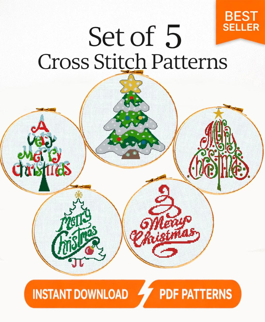 Christmas Cross Stitch Pattern Set PDF, Merry Christmas Ornament Bundle, Holiday Typography Embroidery Designs, Christmas Tree Charts - NuttyHappyHobby