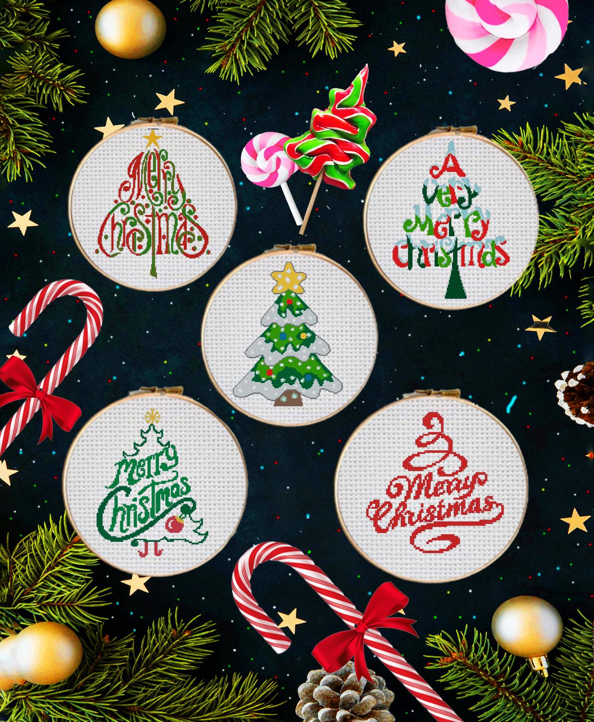 Christmas Cross Stitch Pattern Set PDF, Merry Christmas Ornament Bundle, Holiday Typography Embroidery Designs, Christmas Tree Charts - NuttyHappyHobby