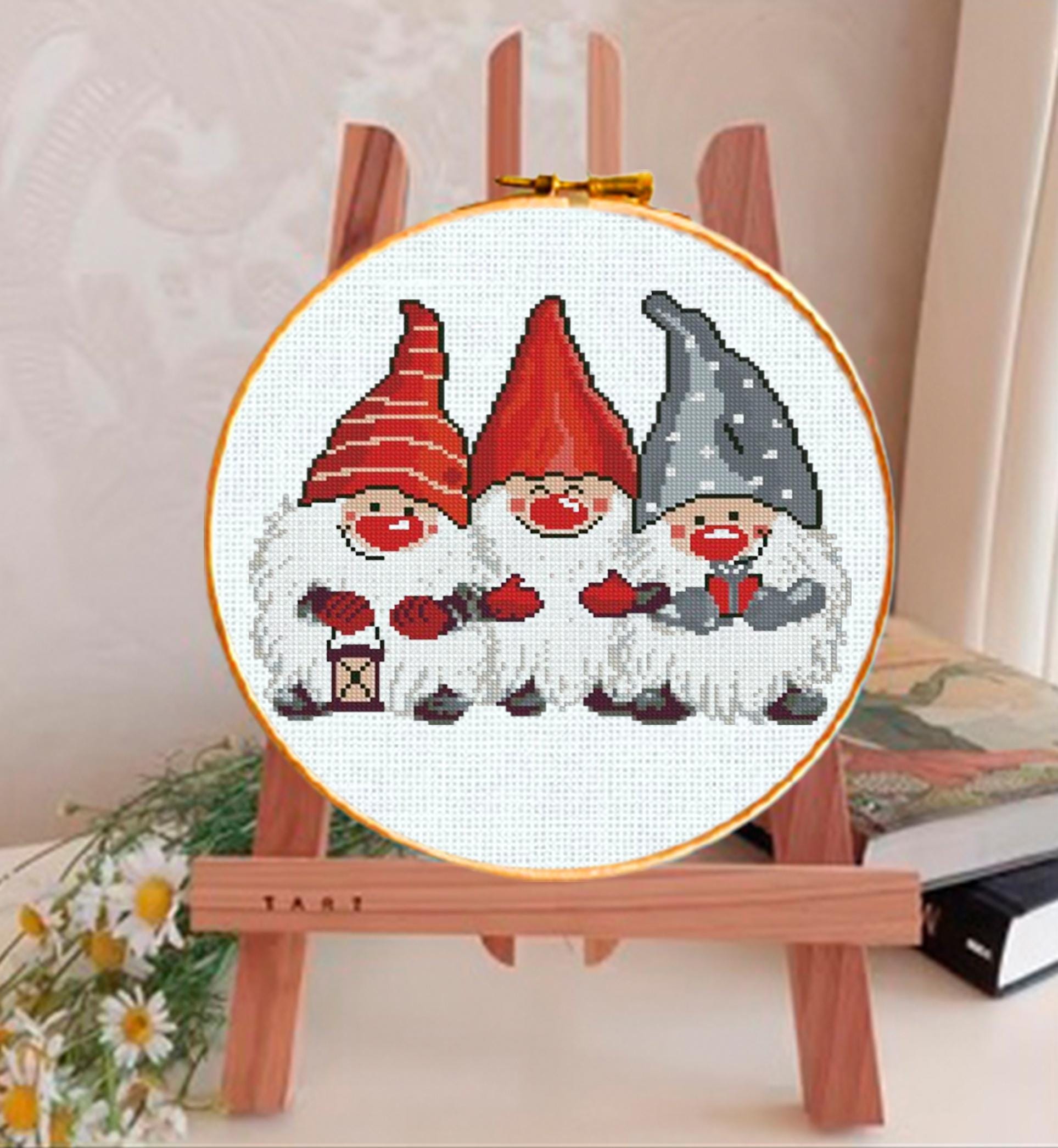 Christmas Gnome Cross Stitch Pattern PDF, Scandinavian Tomte Embroidery Design, Cute Holiday Gnomes Needlework Chart,Festive Christmas Decor - NuttyHappyHobby