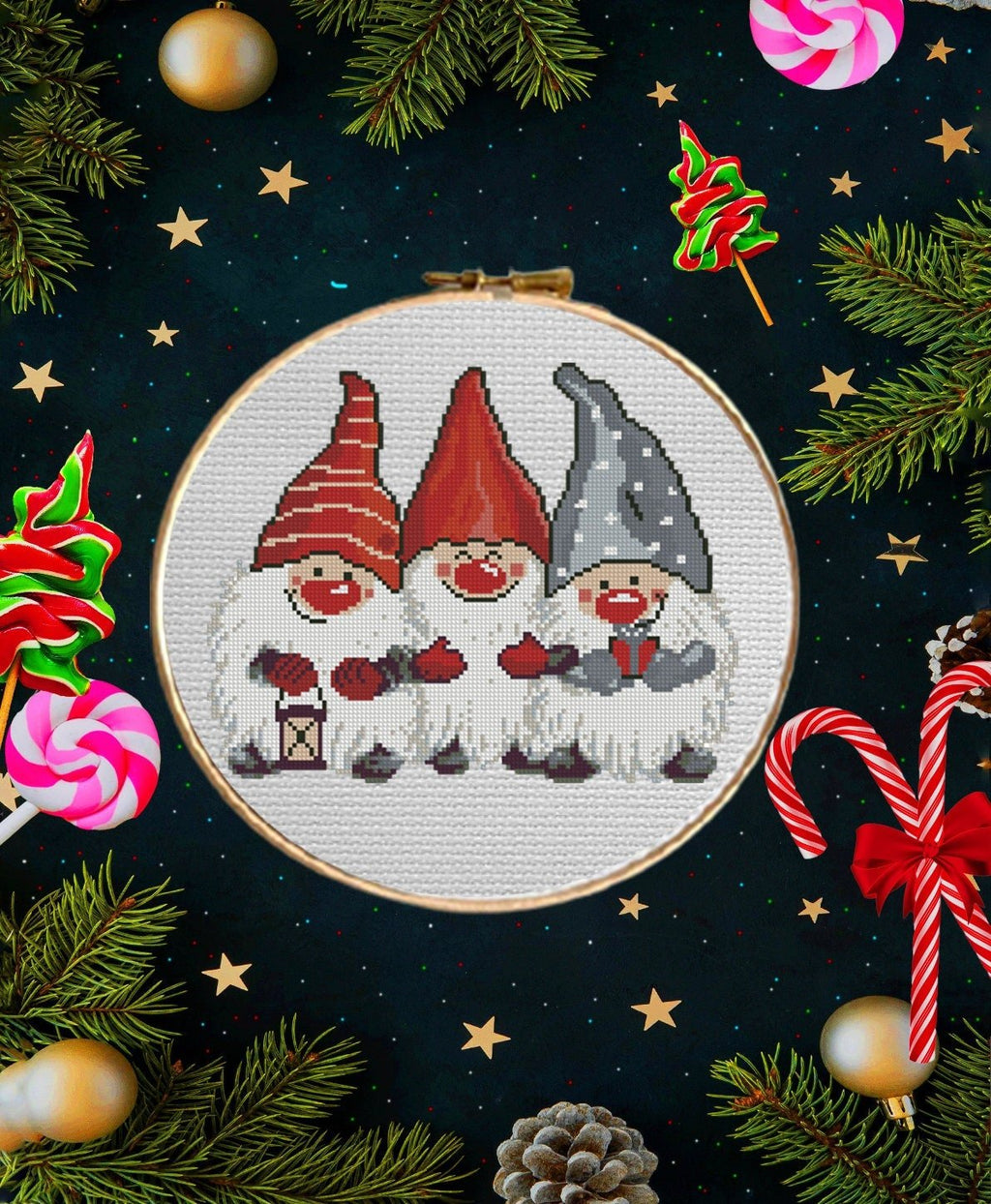 Christmas Gnome Cross Stitch Pattern PDF, Scandinavian Tomte Embroidery Design, Cute Holiday Gnomes Needlework Chart,Festive Christmas Decor - NuttyHappyHobby
