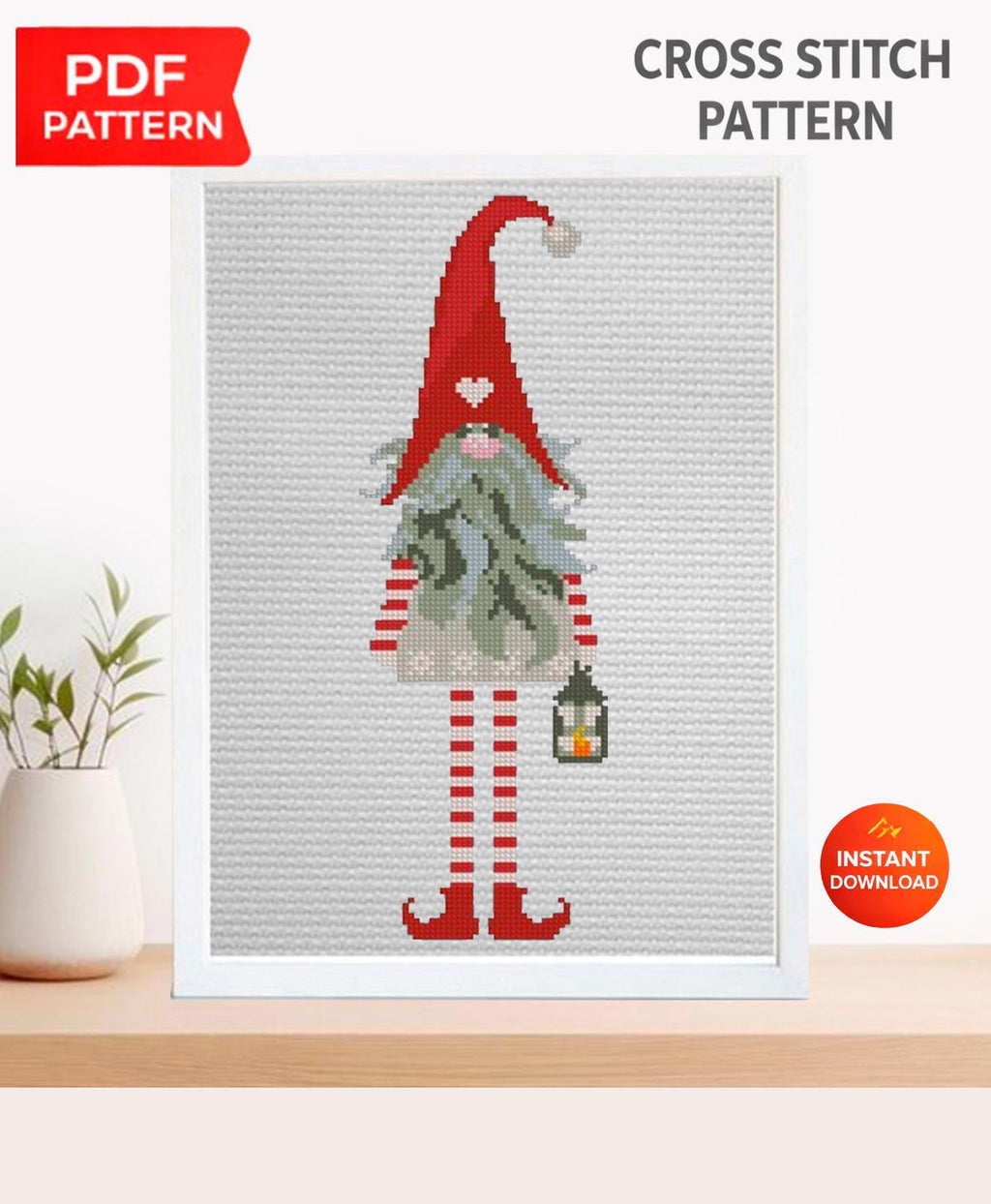 Christmas Gnome Cross Stitch Pattern PDF, Scandinavian Tomte Embroidery Design, Nordic Holiday Gnome Needlework Chart, Festive Christmas - NuttyHappyHobby