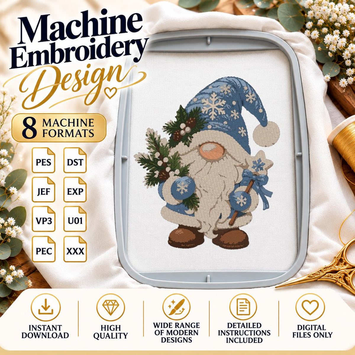 Christmas Gnome Machine Embroidery Design, Blue Winter Gnome Snowflake Star, Holiday PES DST JEF Embroidery File, Instant Download - NuttyHappyHobby
