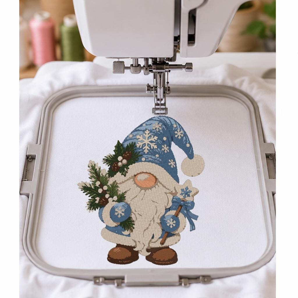 Christmas Gnome Machine Embroidery Design, Blue Winter Gnome Snowflake Star, Holiday PES DST JEF Embroidery File, Instant Download - NuttyHappyHobby