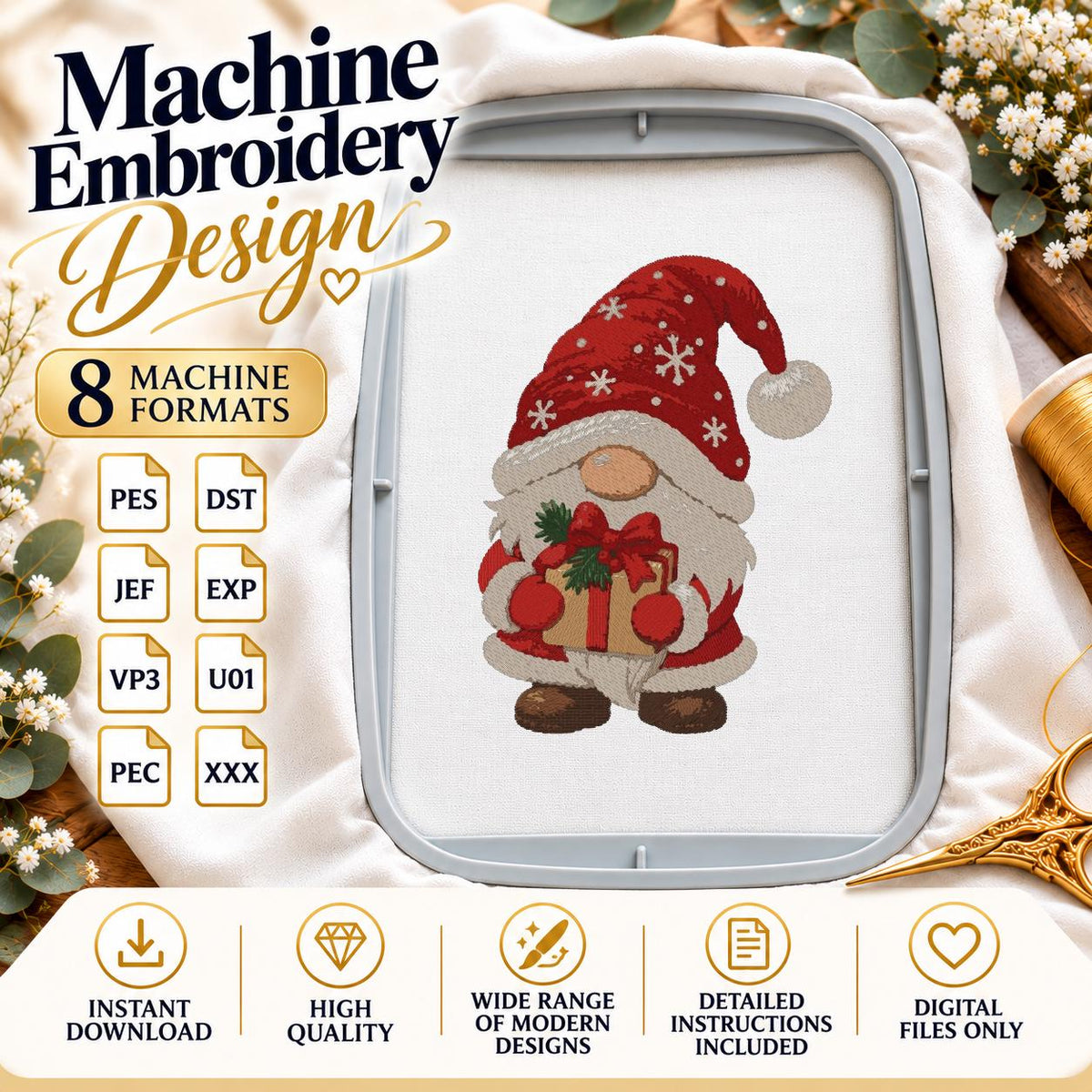 Christmas Gnome Machine Embroidery Design, Cute Santa Gnome with Gift, Holiday PES DST JEF Embroidery File, Instant Digital Download - NuttyHappyHobby