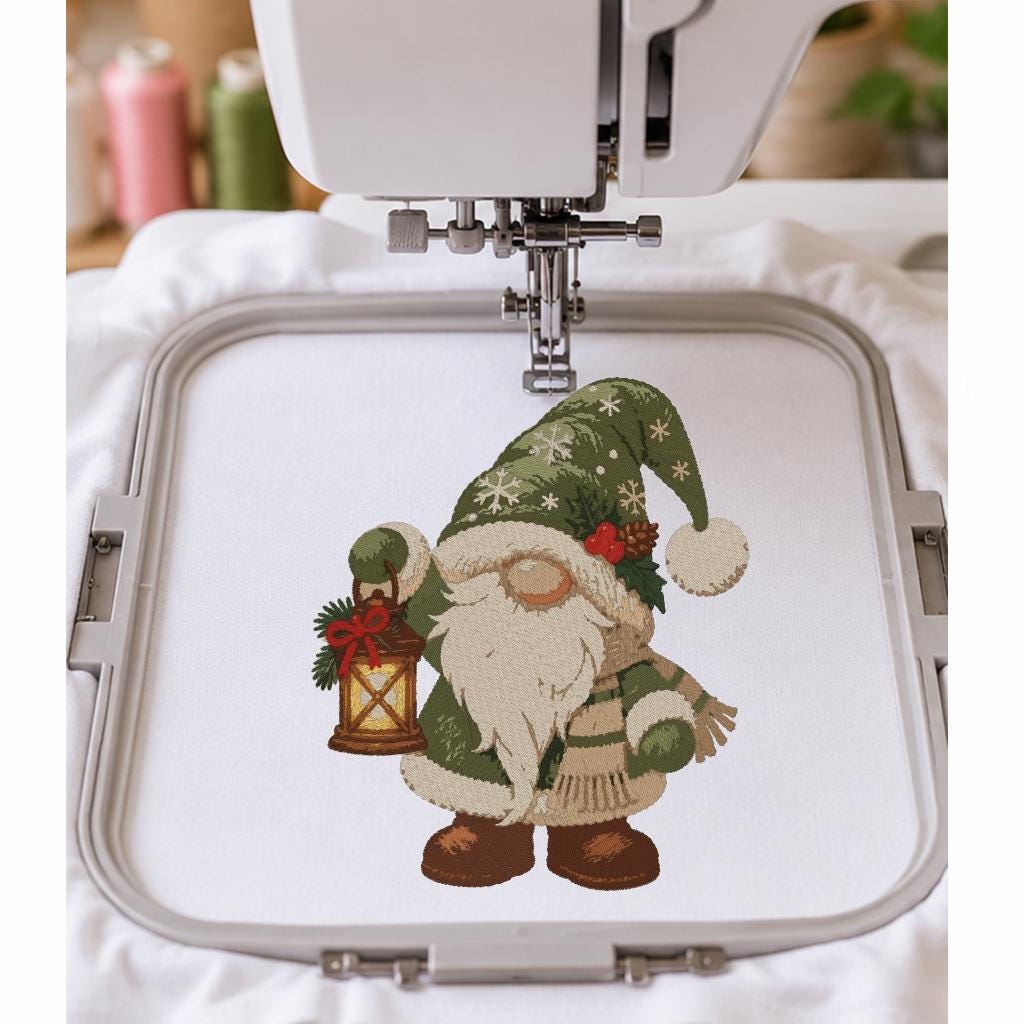 Christmas Gnome with Lantern Machine Embroidery Design, Green Santa Gnome Winter Holiday PES DST JEF Embroidery File, Instant Download - NuttyHappyHobby