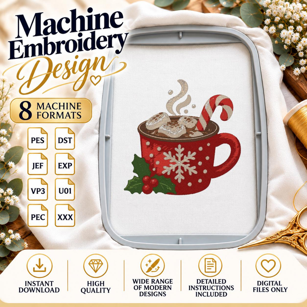 Christmas Hot Chocolate Machine Embroidery Design, Cocoa Mug Candy Cane Snowflake, PES DST JEF Embroidery File, Instant Download - NuttyHappyHobby