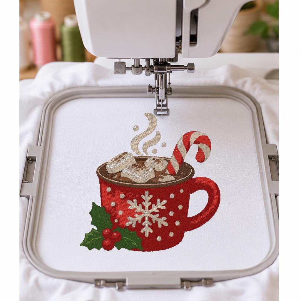 Christmas Hot Chocolate Machine Embroidery Design, Cocoa Mug Candy Cane Snowflake, PES DST JEF Embroidery File, Instant Download - NuttyHappyHobby
