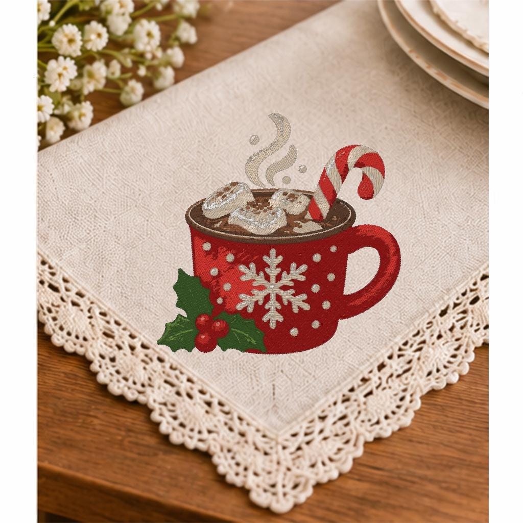 Christmas Hot Chocolate Machine Embroidery Design, Cocoa Mug Candy Cane Snowflake, PES DST JEF Embroidery File, Instant Download - NuttyHappyHobby