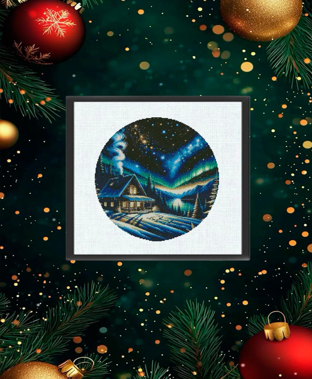 Christmas Ornament Cross Stitch Pattern Set PDF, Winter Holiday Scenes Embroidery Chart, Snowman Cabin Aurora Christmas Tree Needlework - NuttyHappyHobby